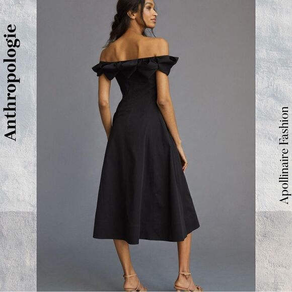 ANTHROPOLOGIE BY MAEVE OFF SHOULDER BOW MIDI DRESS IN BLACK SIZE 4 NEW - Picture 2 of 6